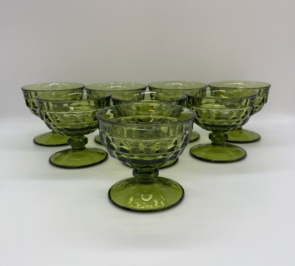 8 Vintage Indiana Whitehall Colony Cube Glass Sherbets Avocado Green